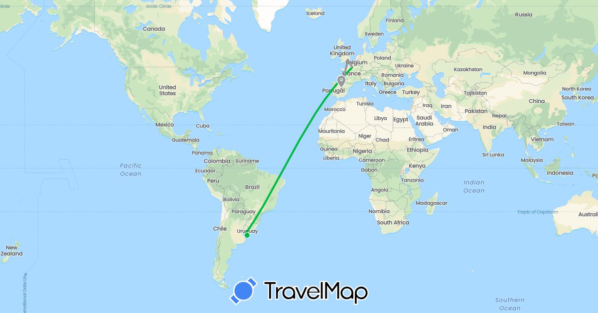 TravelMap itinerary: bus, plane in Spain, France, United Kingdom, Uruguay (Europe, South America)